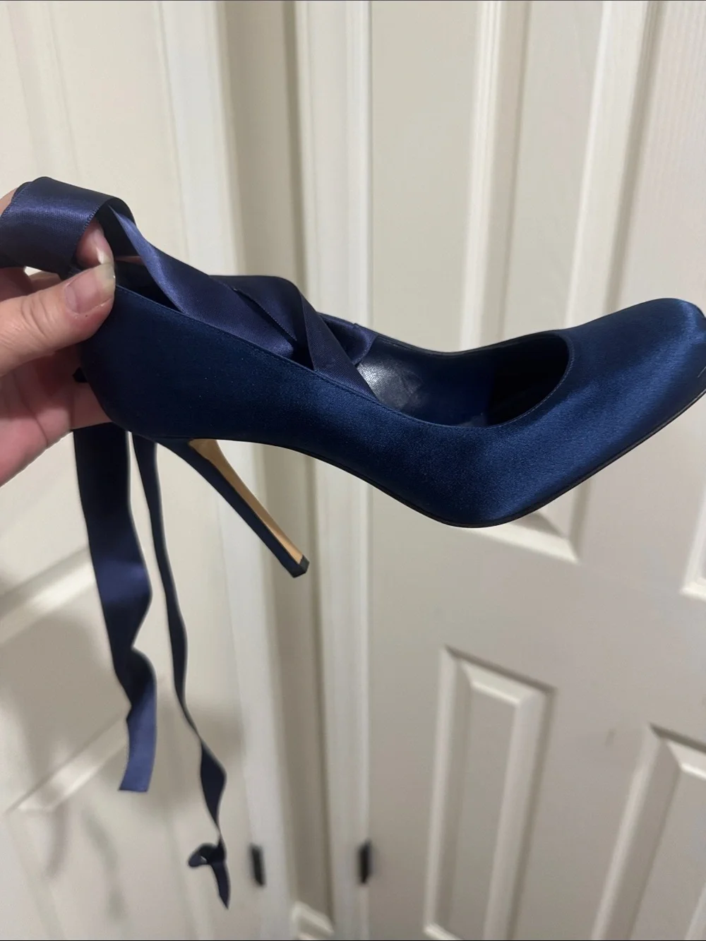 CHANEL/Navy Satin Ballet Tie Up The Ankle/4” Heels/NEVER WORN! VINTAGE! US 6.5!